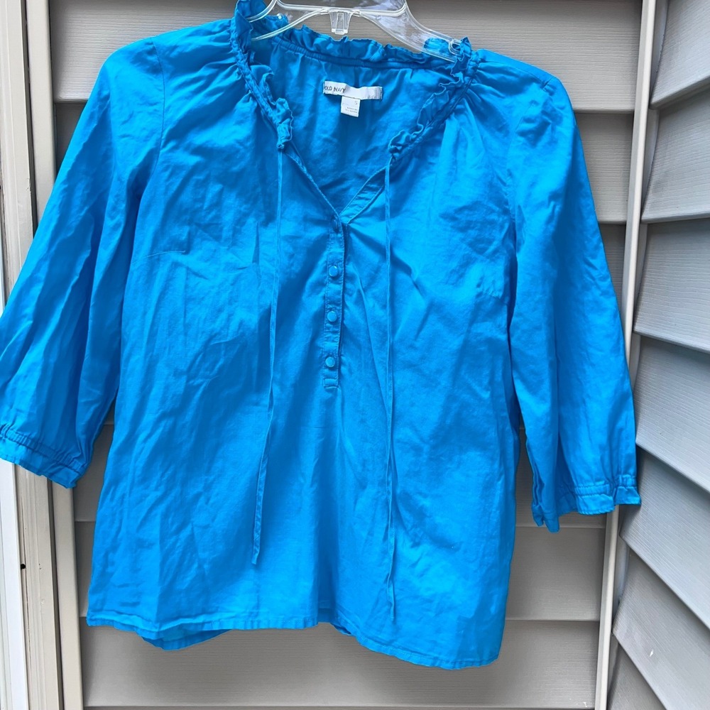 Old Navy Womens Blue Ruffle Neck 3/4 Sleeve Cotton Henley Blouse Size S